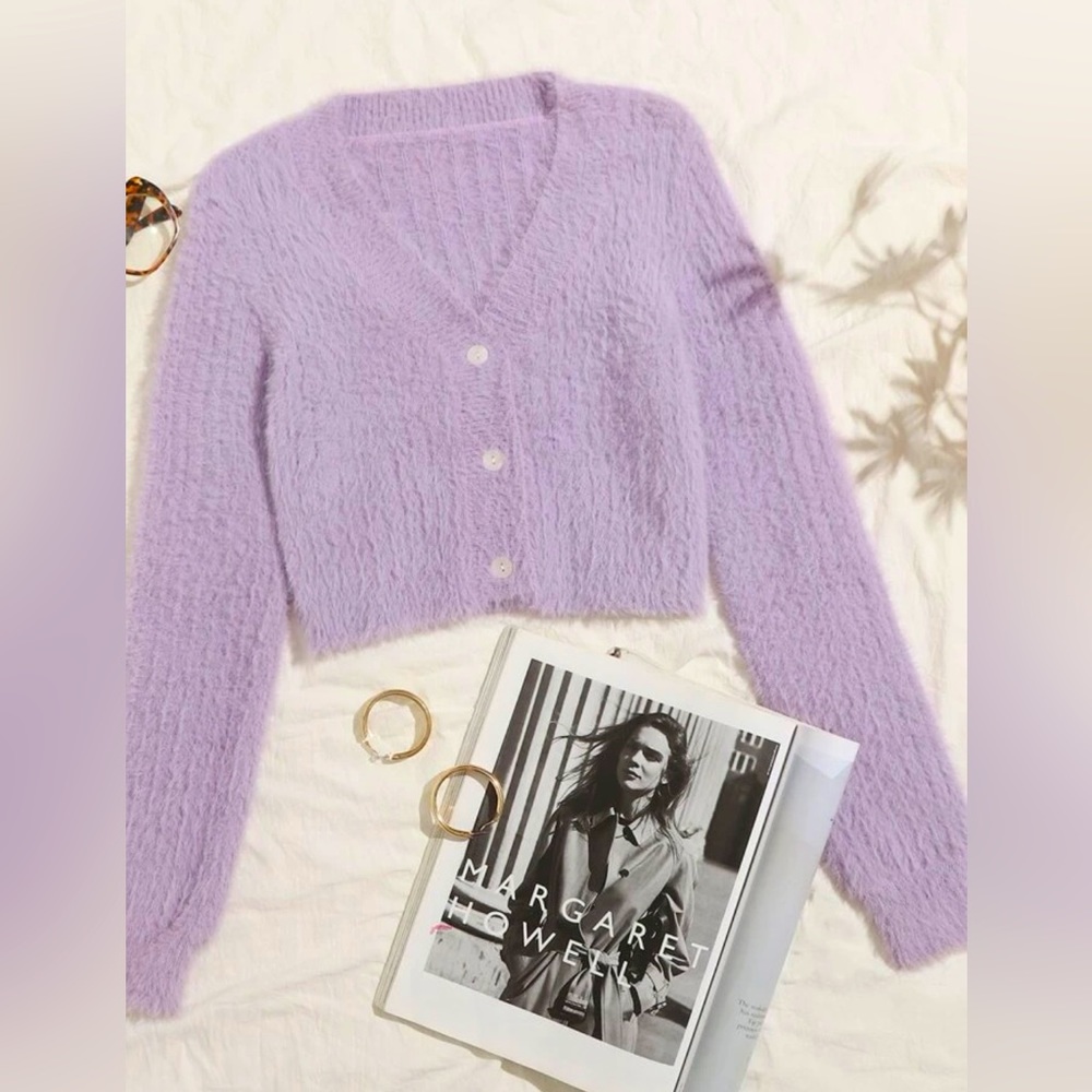 Purple fuzzy cropped cardigan